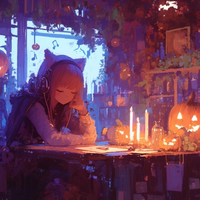夜のカフェでまどろむローファイハロウィンポップ