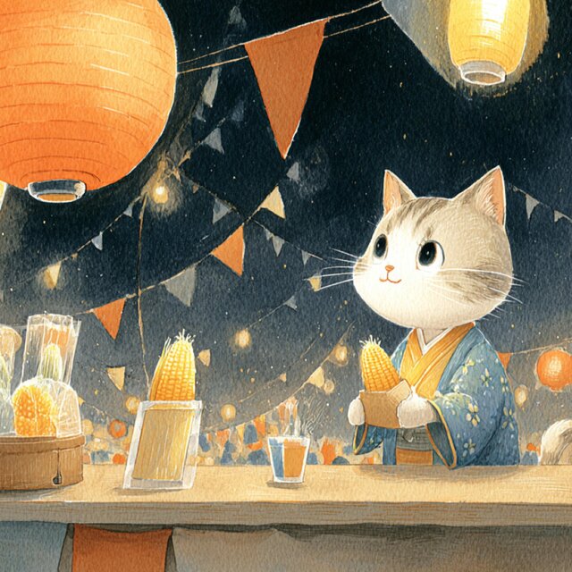 Cat Eating Grilled Corn at the Autumn Festival