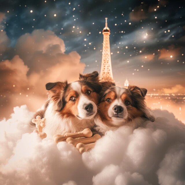 Doux Rêves en Haut de la Tour Eiffel : Les Chiens Domptent les Nuages