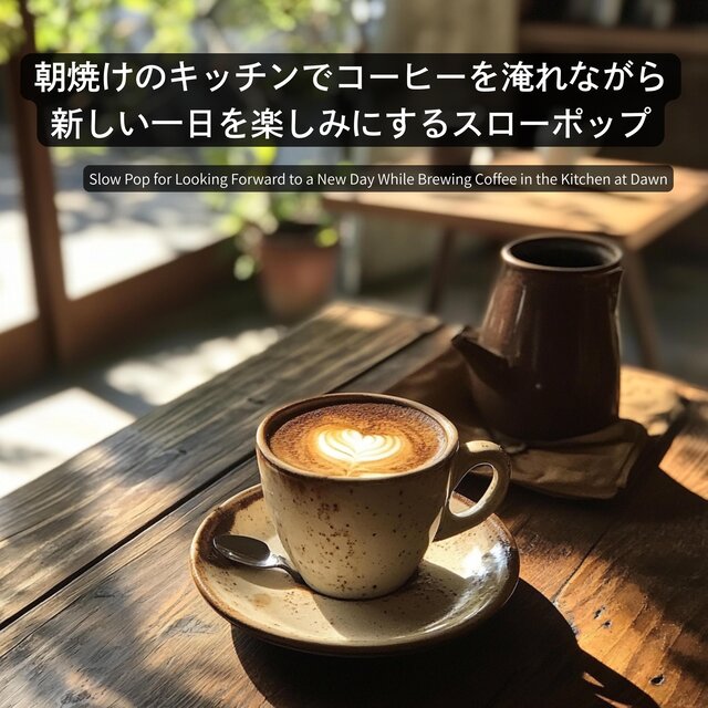 朝焼けのキッチンでコーヒーを淹れながら新しい一日を楽しみにするスローポップ