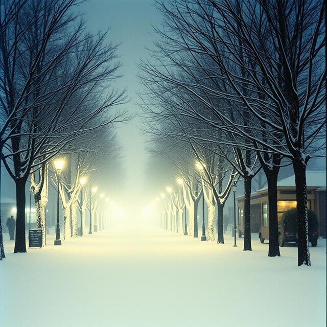 Snow falls on a foggy window