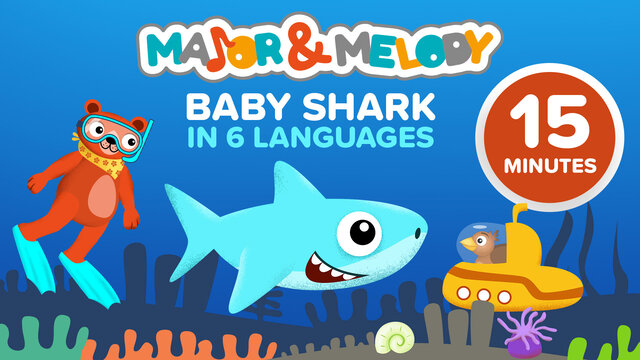 Baby Shark in 6 languages (Nursery rhymes for kids / 15 minute comic video)