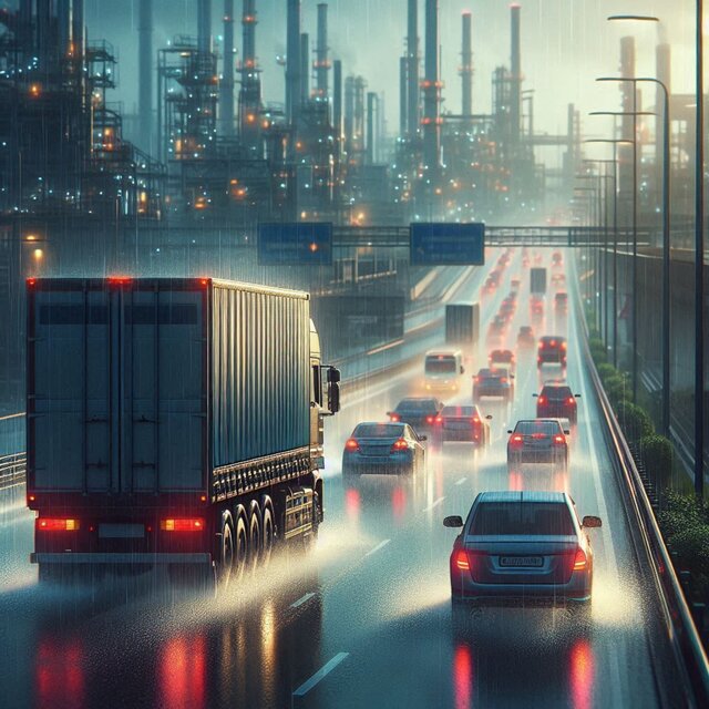 Vehicles Driving on the Road on a Rainy Day
