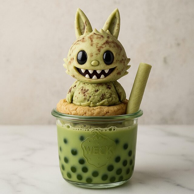 Labubu Matcha Dubai Chocolate Moonbeam Ice Cream Crumbl Cookie with Matcha Boba in a Weck Jar