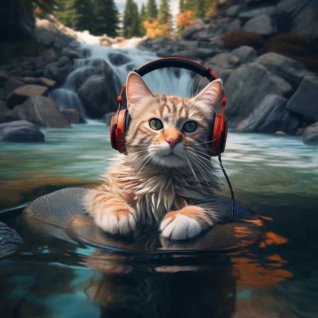 Cat's Waterfront Serenity: Streamside Feline Harmony