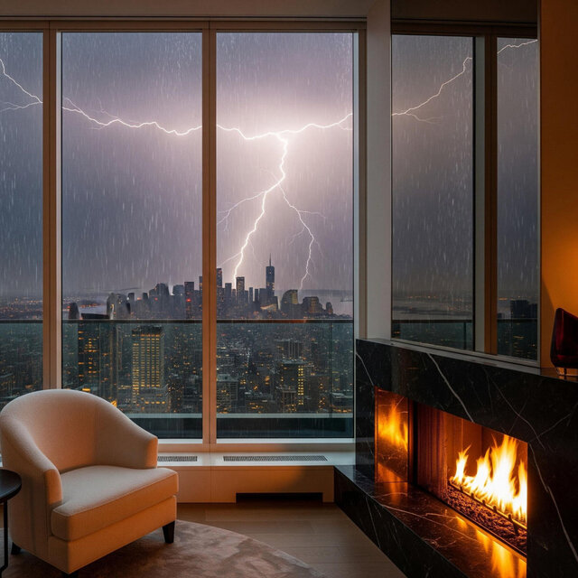 Nyc Penthouse Thunderstorm: Fireplace & Rain Sounds (2 Hour Deep Sleep Noise)