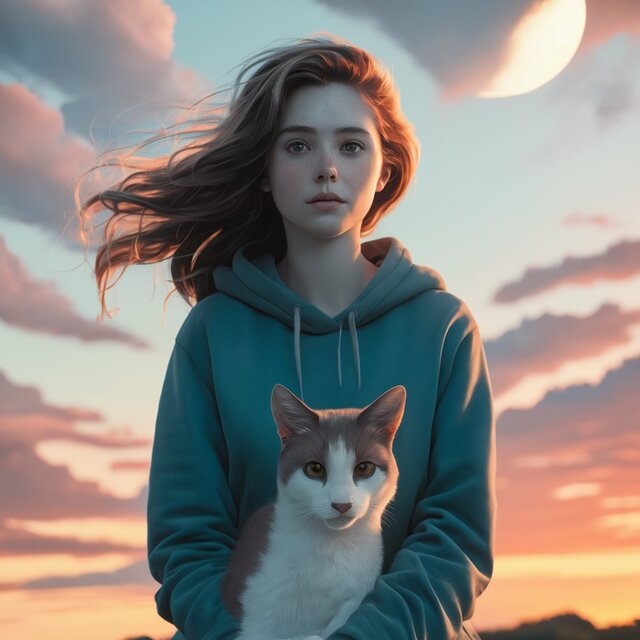 흰 고양이와 노을 속의 소녀 (White cat and girl in the sunset)