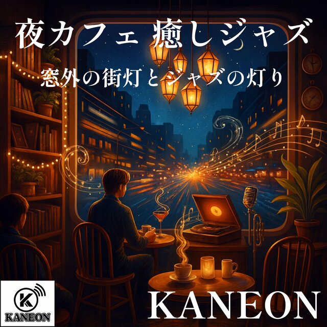 夜カフェ 癒しジャズ – 窓外の街灯とジャズの灯り