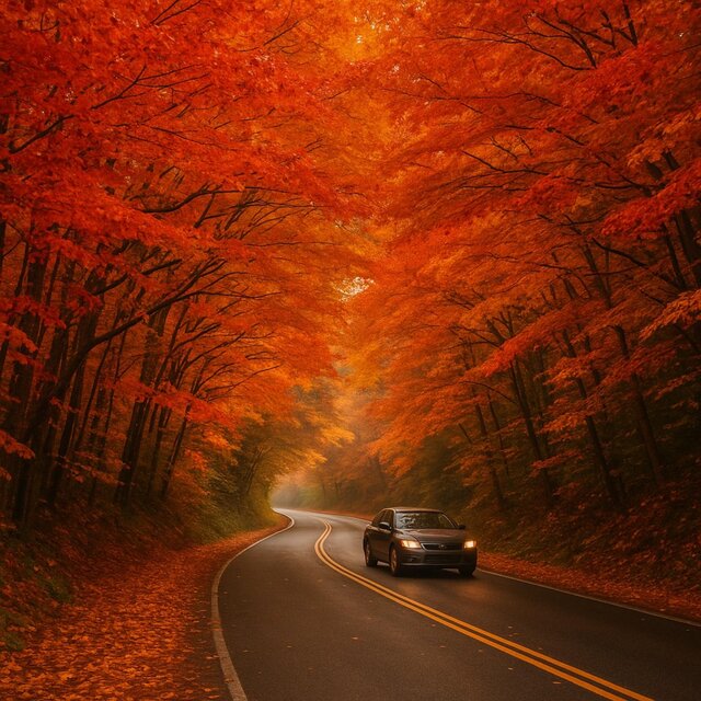 秋の山道ドライブで紅葉を楽しめるチルアウトBGM