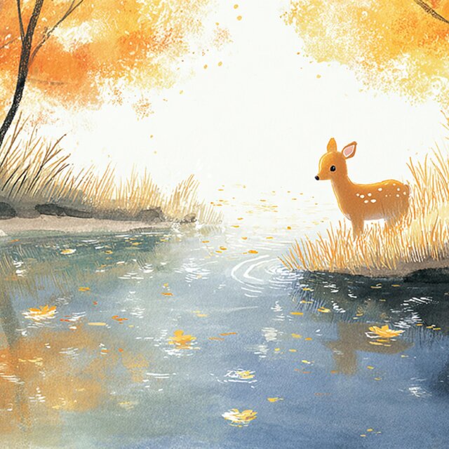 Deer Watching Fallen Leaves by the Riverside