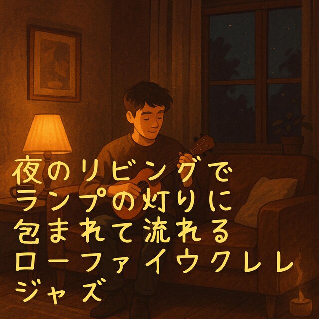 夜のリビングでランプの灯りに包まれて流れるローファイウクレレジャズ